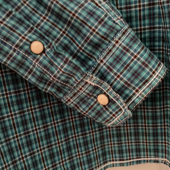 Panhandle Rough Stock turquoise and brown plaid long-sleeve western shirt, Med - Picture 9 of 9